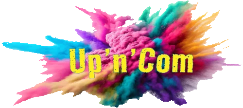 Logo de Up'n'Com: Up'n'Com écrit en jaune avec une texture façon pierre, superposé àune explosion de poudre multicolore
